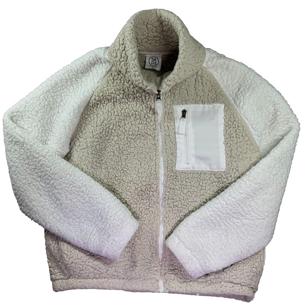 Sage Sherpa Jacket Womens Medium Y2K Boxy Faux Lamb Cell Pocket Color Block